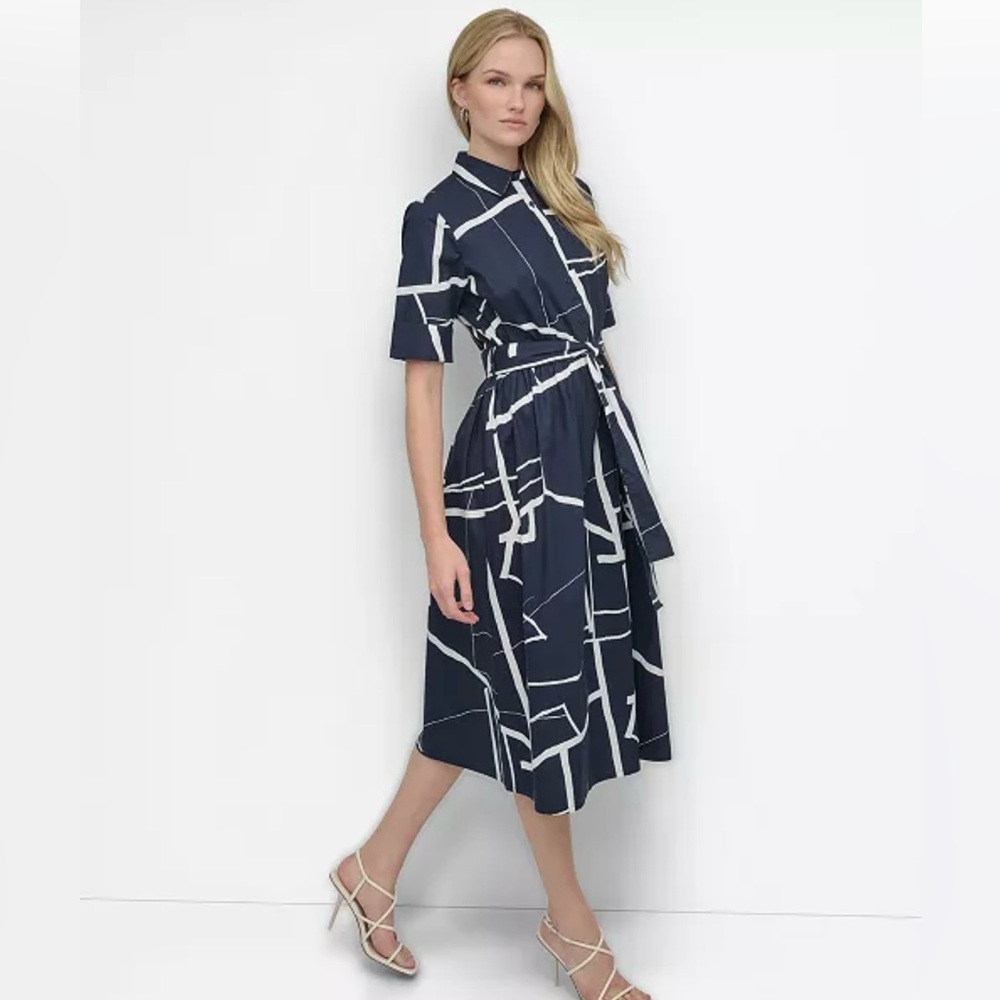 DKNY Navy and White Geometric Print Dress, 8 🦋
